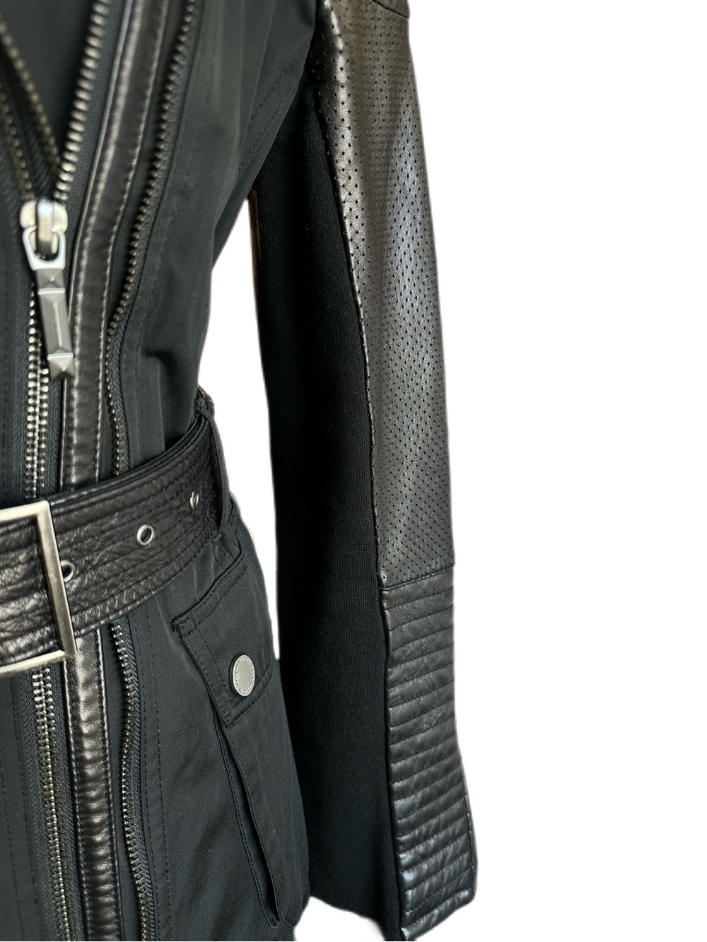 BCBGMAXAZRIA Black Genuine Leather Mixed Media Moto Jacket Belted Size M - Picture 4 of 11